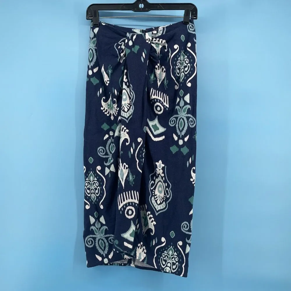 G By Giuliana Skirt Womens Sz 0 Faux Sarong‎ Blue Midi Linen Blend Coastal Beach